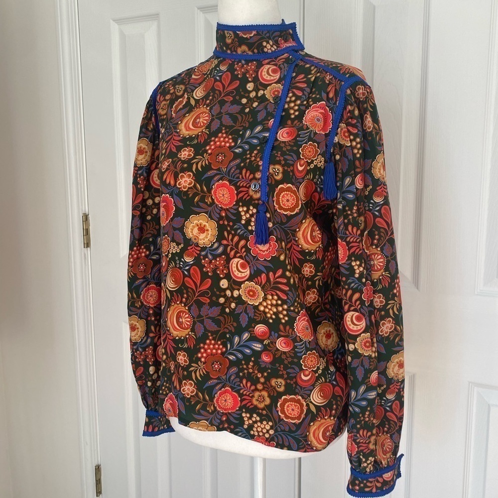Vintage Silk Floral and Tassel Highneck Blouse - Picture 7 of 11